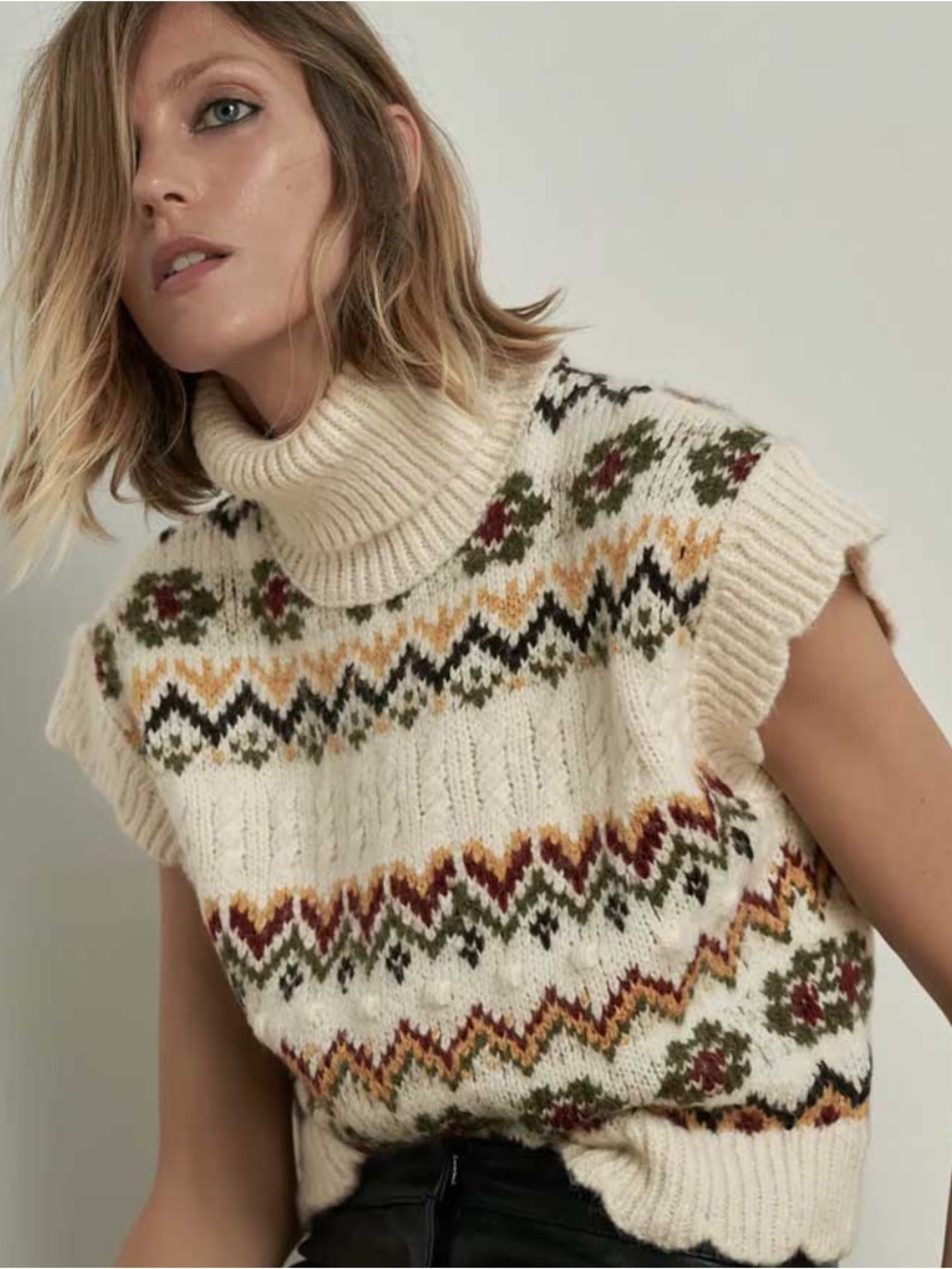 Cream Fair Isle Sleeveless Turtleneck Sweater Vest